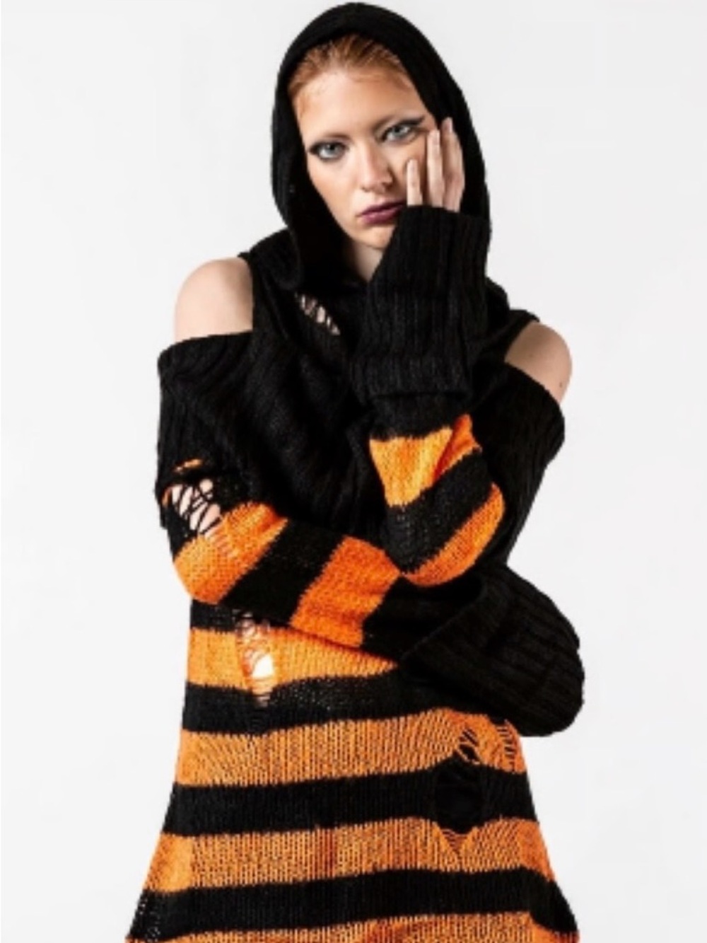 Killstar Orange & Black Cold Shoulder Hooded Sweater, Size XL